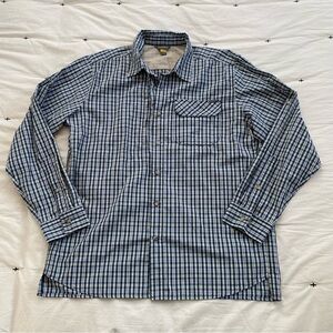 Eddie Bauer Travex Shirt Mens L Navy Gray Yellow Plaid Outdoor Hiking travel
